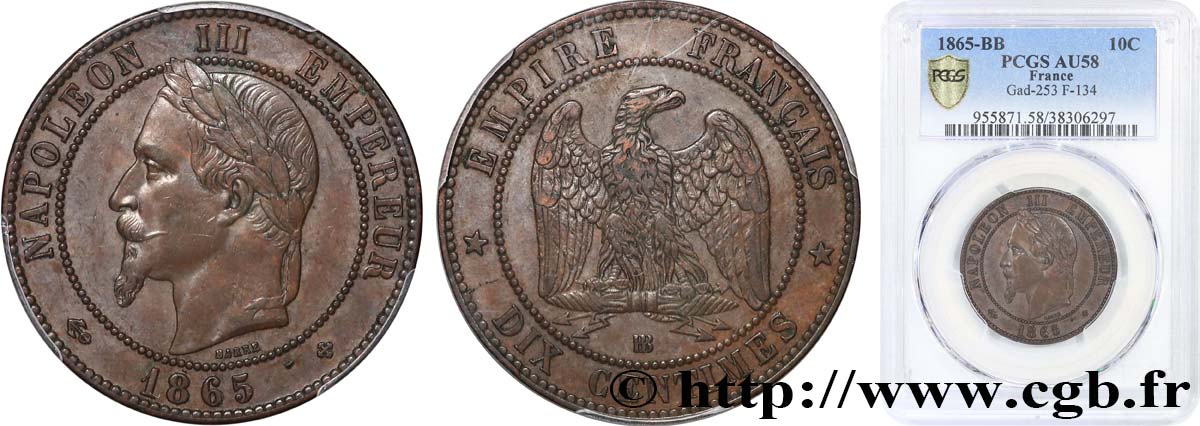Dix centimes Napoléon III, tête laurée 1865 Strasbourg F.134/17 AU58 PCGS