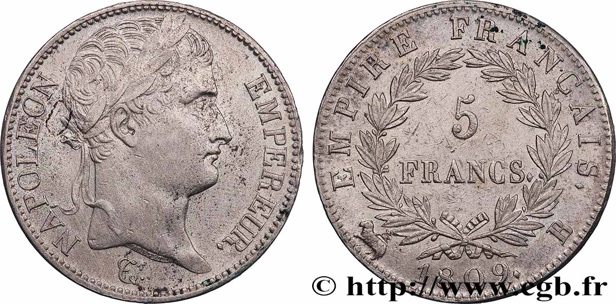 5 francs Napoléon Empereur, Empire français 1809 Rouen F.307/2 TTB+ 