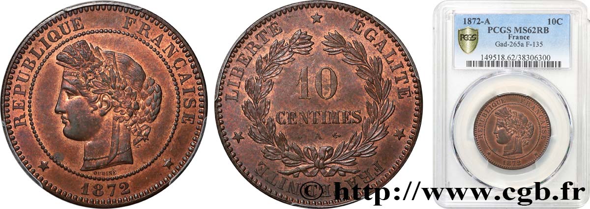 10 centimes Cérès 1872 Paris F.135/8 SUP62 PCGS