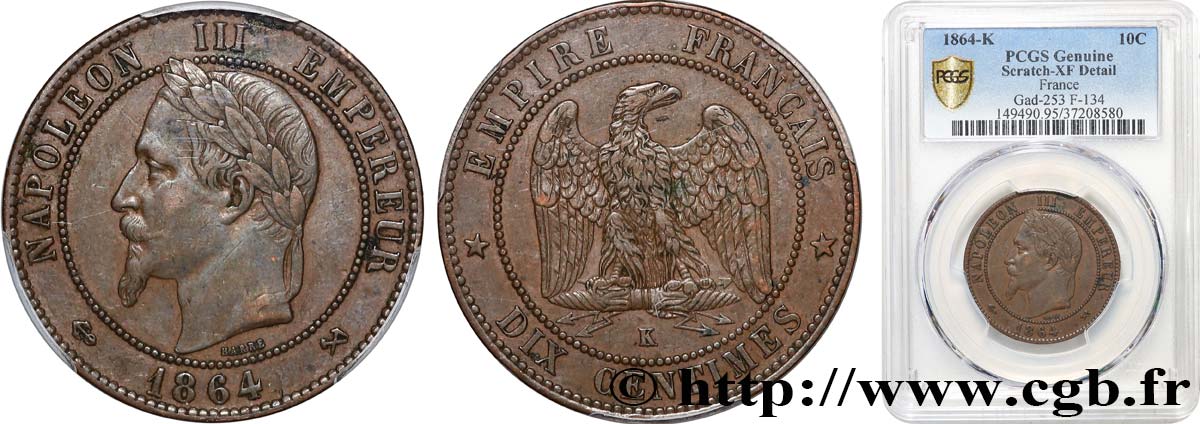 Dix centimes Napoléon III, tête laurée 1864 Bordeaux F.134/15 SS PCGS