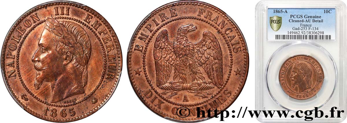Dix centimes Napoléon III, tête laurée 1865 Paris F.134/16 TTB+ PCGS