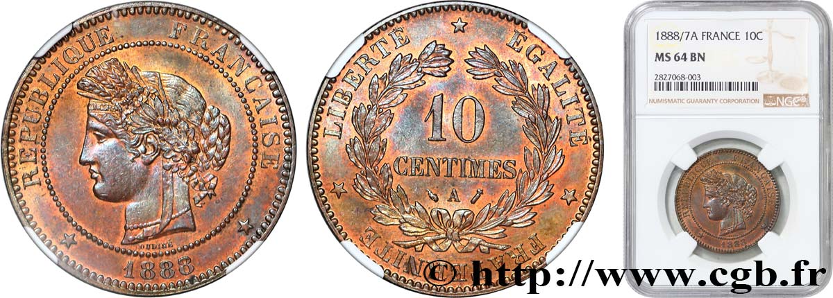 10 centimes Cérès, 1888/7 1888 Paris F.135/32 SPL64 NGC