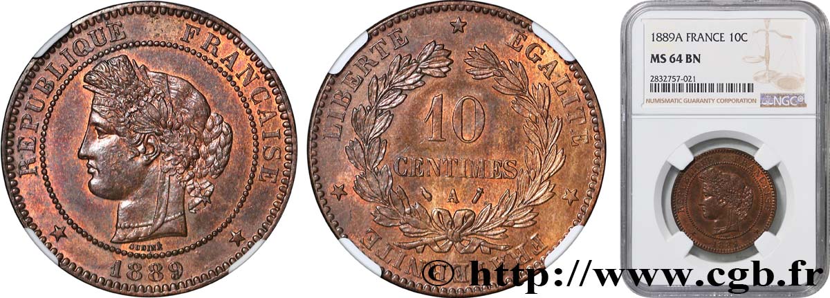 10 centimes Cérès 1889 Paris F.135/34 SPL64 NGC