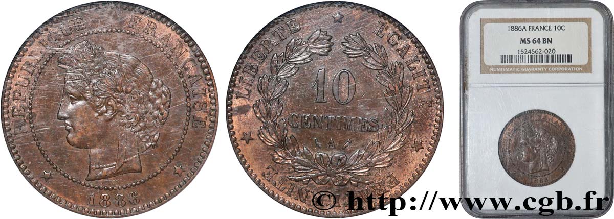 10 centimes Cérès 1886 Paris F.135/30 SPL64 NGC