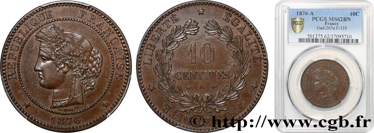 10 centimes Cérès 1876 Paris F.135/16 MS62 PCGS