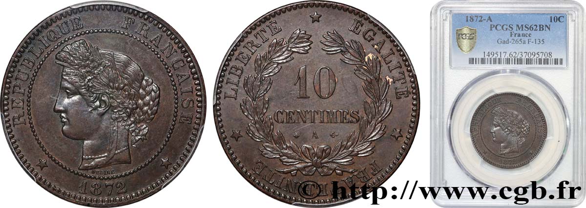 10 centimes Cérès 1872 Paris F.135/8 SUP62 PCGS