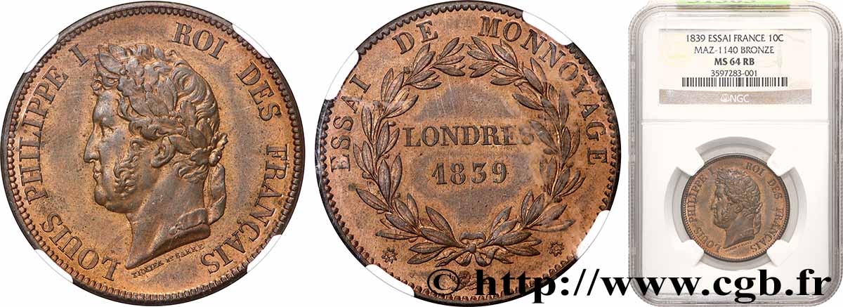 Essai module de 1 décime 1839 Paris T.T.4512 a.1 SPL64 NGC