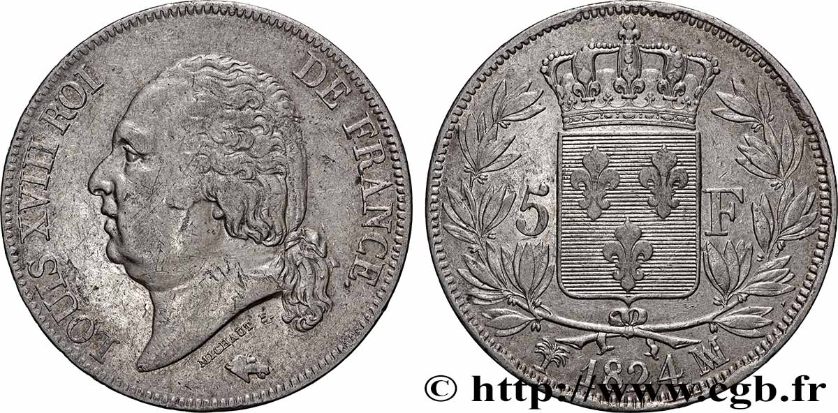 5 francs Louis XVIII, tête nue 1824 Marseille F.309/96 SS 