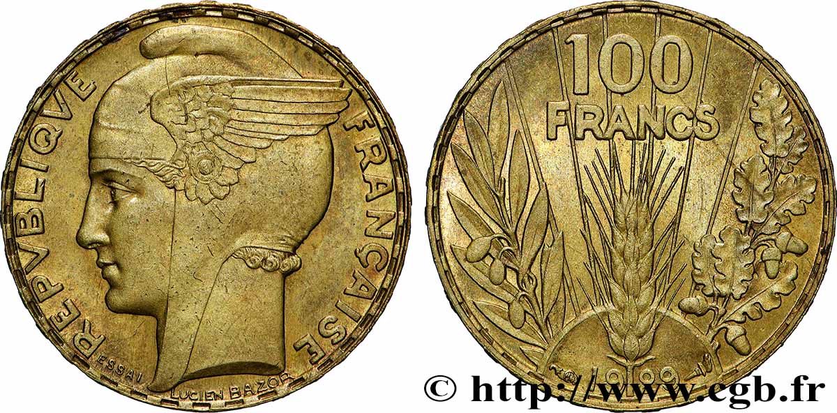 Concours de 100 francs or, essai de Bazor en bronze-aluminium 1929 Paris GEM.288 7 SUP+ 