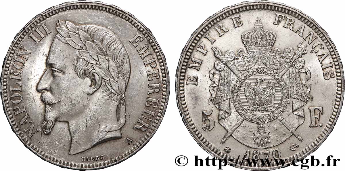 5 francs Napoléon III, tête laurée 1870 Paris F.331/16 fVZ 
