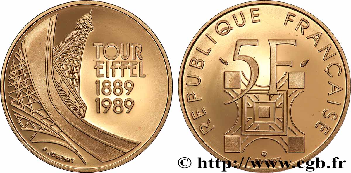 Belle Épreuve Or 5 francs - Tour Eiffel 1989  F.1200 2 FDC 