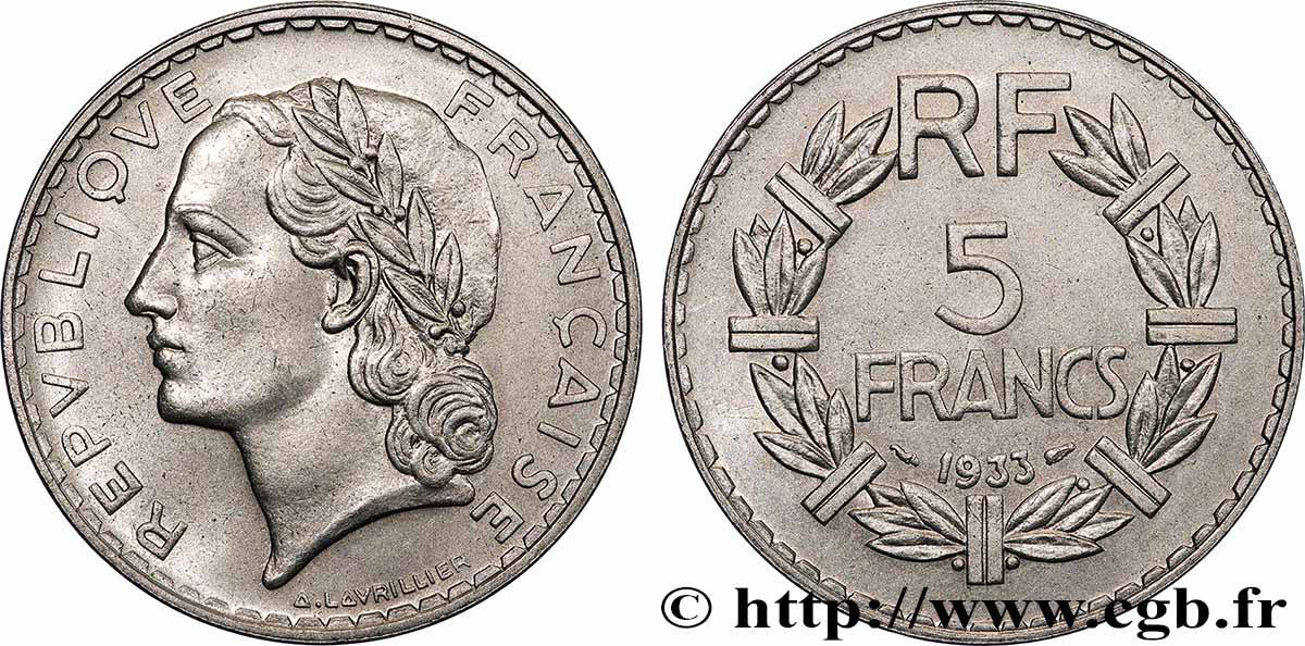5 francs Lavrillier, nickel 1933  F.336/2 AU 