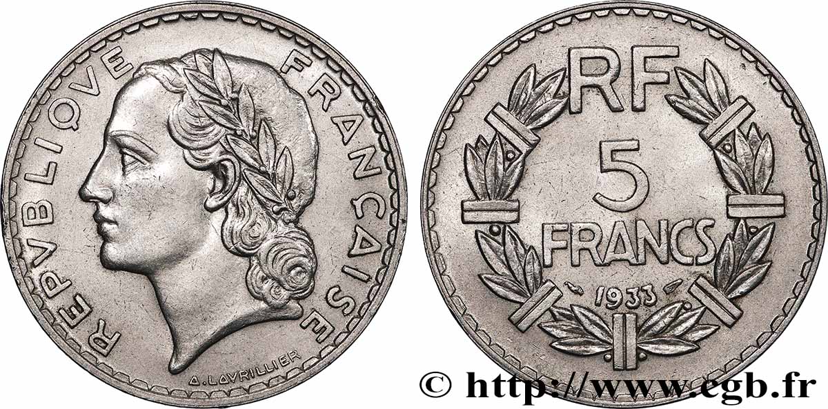 5 francs Lavrillier, nickel 1933  F.336/2 VZ 