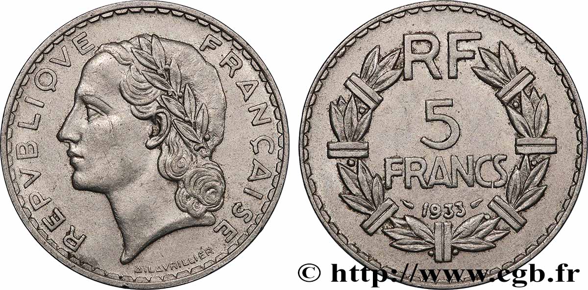 5 francs Lavrillier, nickel 1933  F.336/2 AU 