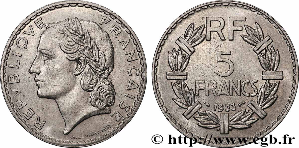 5 francs Lavrillier, nickel 1933  F.336/2 AU 