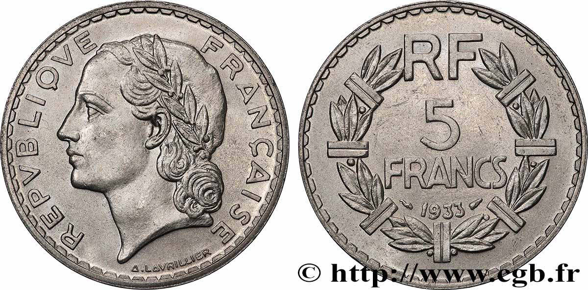 5 francs Lavrillier, nickel 1933  F.336/2 VZ+ 
