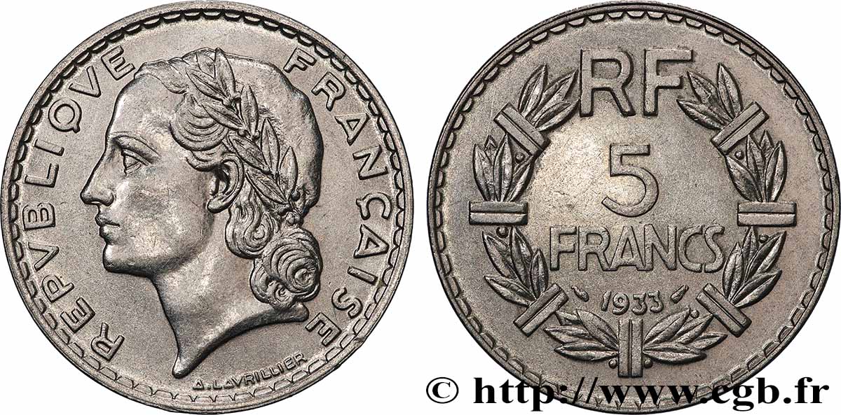 5 francs Lavrillier, nickel 1933  F.336/2 MS 