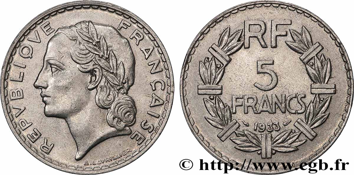 5 francs Lavrillier, nickel 1933  F.336/2 SUP+ 
