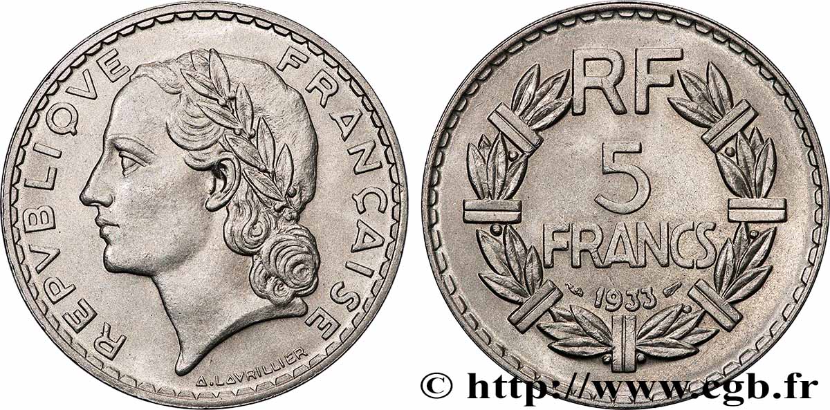 5 francs Lavrillier, nickel 1933  F.336/2 SPL+ 