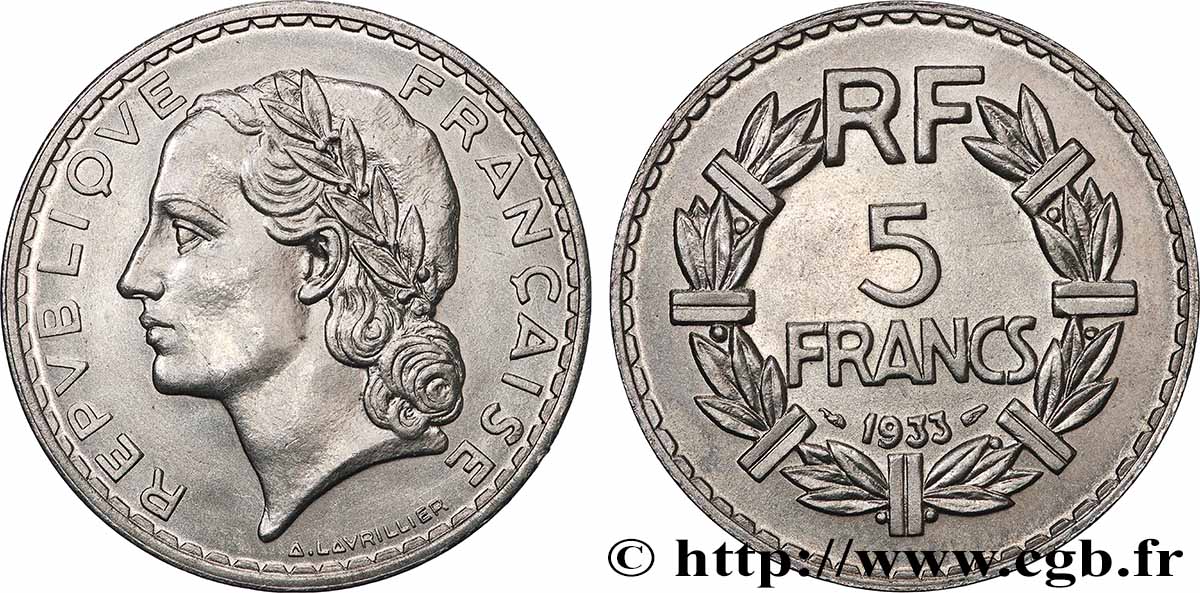 5 francs Lavrillier, nickel 1933  F.336/2 VZ+ 