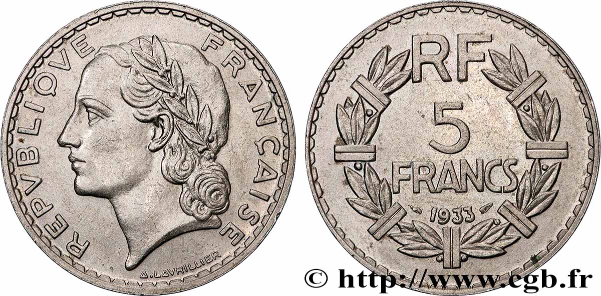5 francs Lavrillier, nickel 1933  F.336/2 MS 