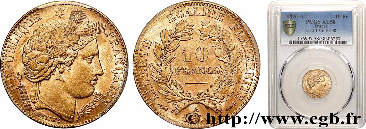 10 francs Cérès, Troisième république 1896 Paris F.508/4 SUP58 PCGS