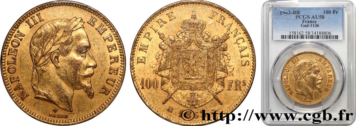 100 francs or Napoléon III, tête laurée 1863 Strasbourg F.551/3 SUP58 PCGS