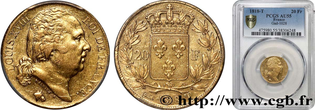 20 francs or Louis XVIII, tête nue 1818 Nantes F.519/13 VZ55 PCGS