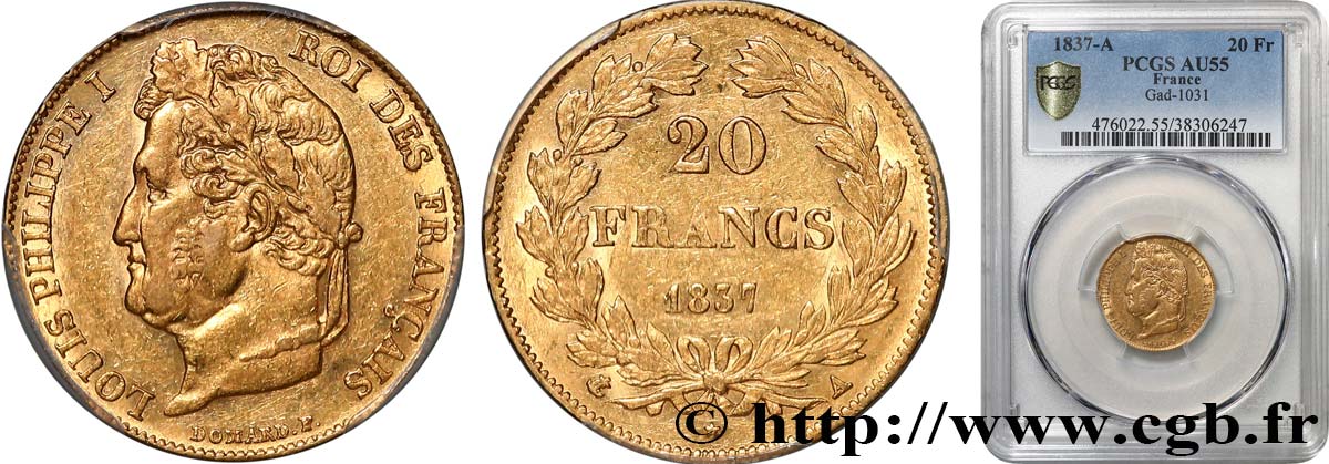 20 francs or Louis-Philippe, Domard 1837 Paris F.527/16 SUP55 PCGS