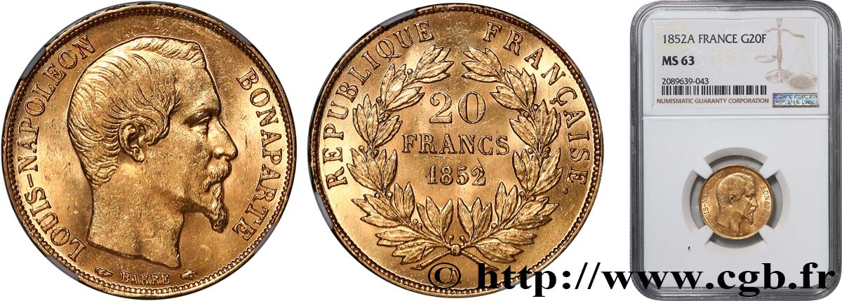 20 francs or Louis-Napoléon 1852 Paris F.530/1 fST63 NGC