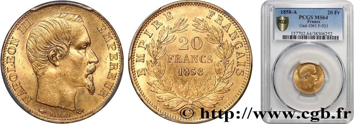 20 francs or Napoléon III, tête nue 1858 Paris F.531/13 SPL64 PCGS