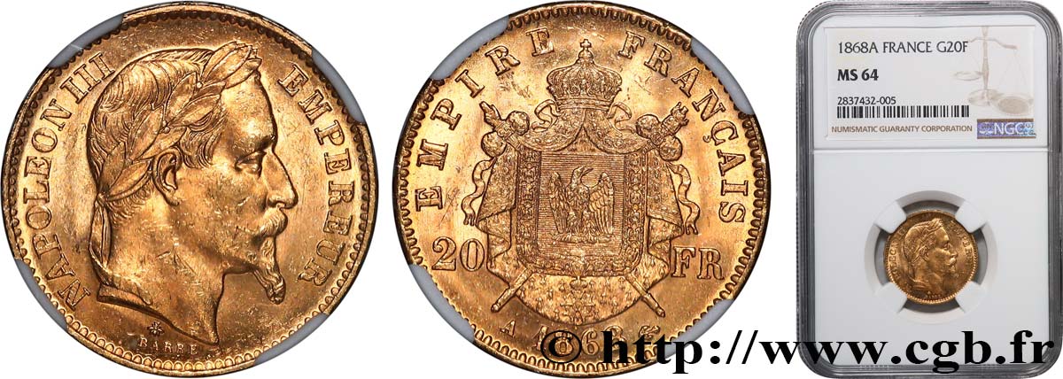 20 francs or Napoléon III, tête laurée 1868 Paris F.532/18 SPL64 NGC