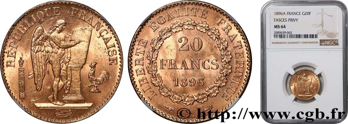 20 francs or Génie, Troisième République 1896 Paris F.533/20 SPL64 PCGS