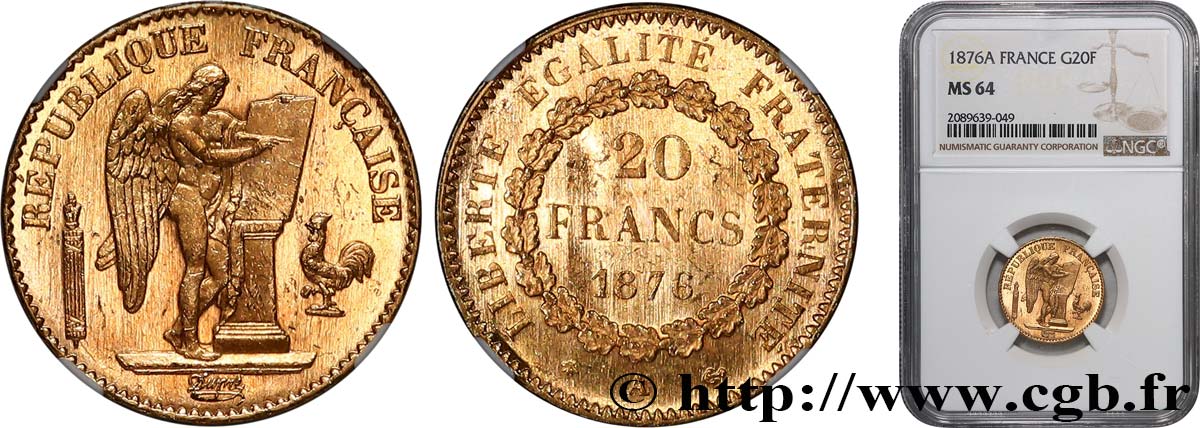 20 francs génie, Troisième république 1876 Paris F.533/4 SPL64 NGC