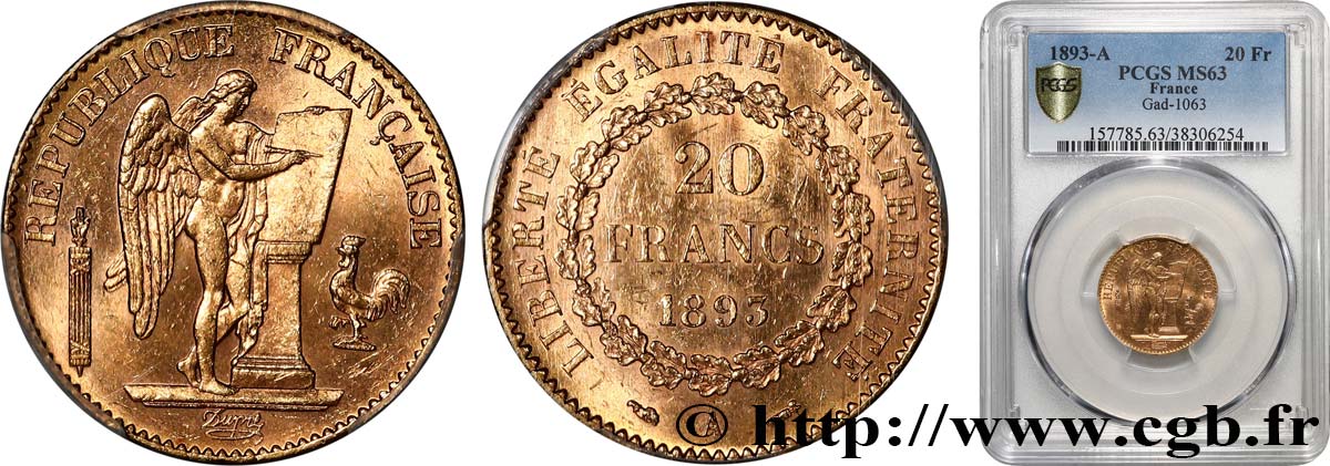 20 francs génie, Troisième république 1893 Paris F.533/17 SPL63 PCGS