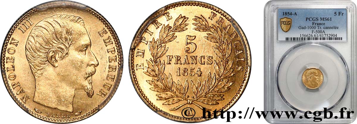 5 francs or Napoléon III, tête nue, petit module, tranche cannelée 1854 Paris F.500A/1 SUP61 PCGS