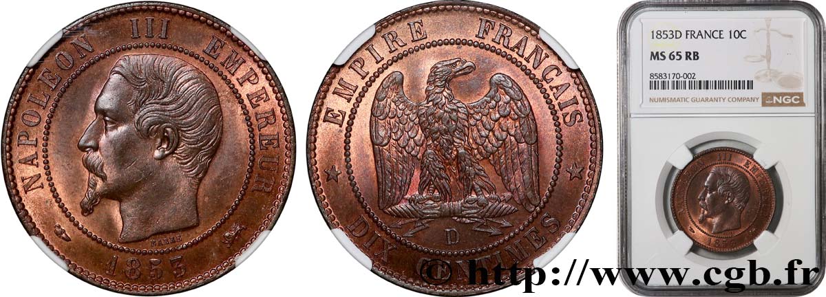 Dix centimes Napoléon III, tête nue 1853 Lyon F.133/5 FDC65 NGC