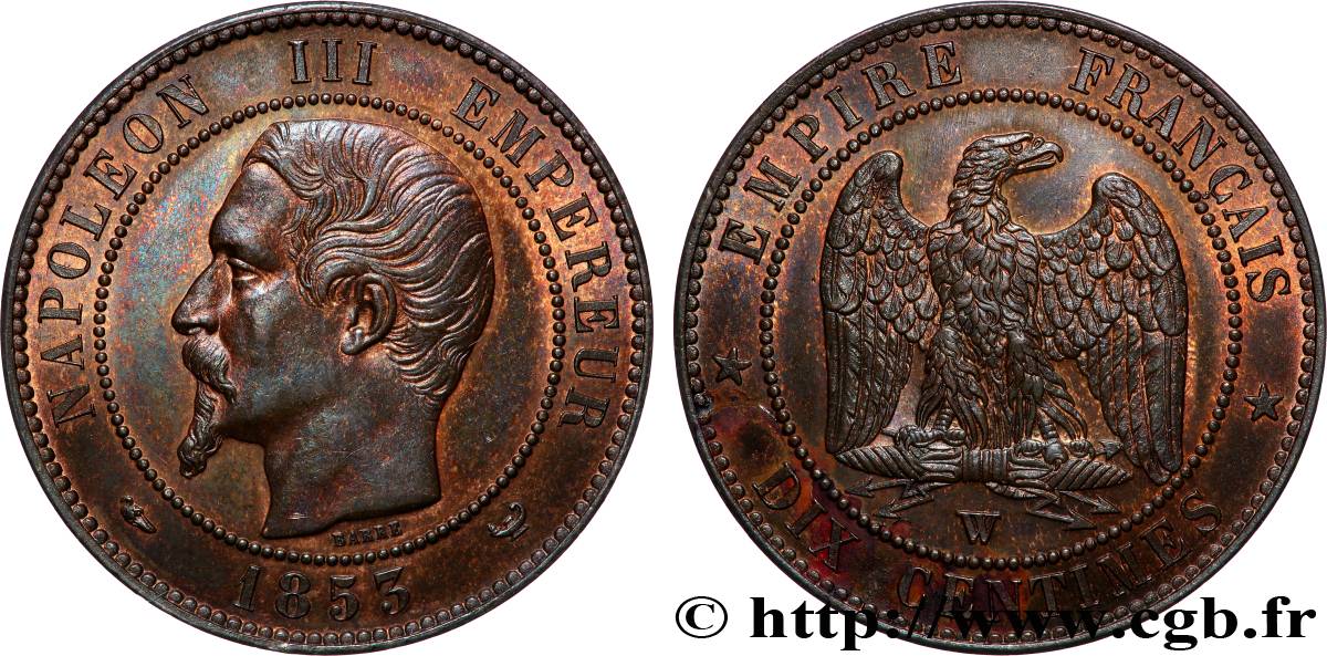 Dix centimes Napoléon III, tête nue 1853 Lille F.133/10 SUP+ 
