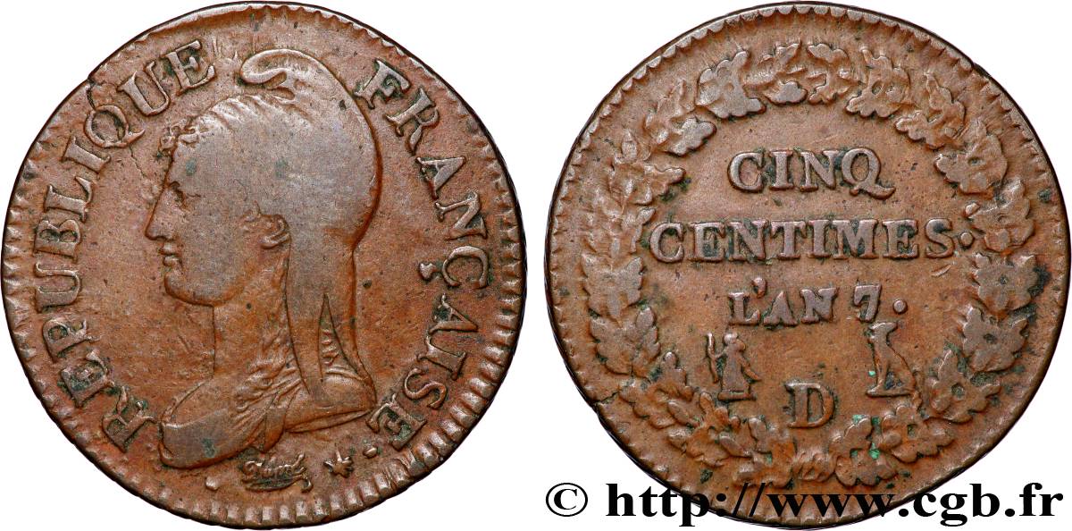 Cinq centimes Dupré, grand module 1799 Lyon F.115/68 TB+ 