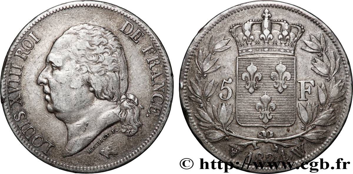 5 francs Louis XVIII, tête nue 1824 Lille F.309/98 TB 