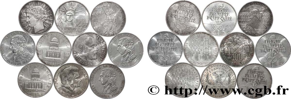 Lot de 10 pièces de 100 francs commémoratives - - F.-/ TTB 