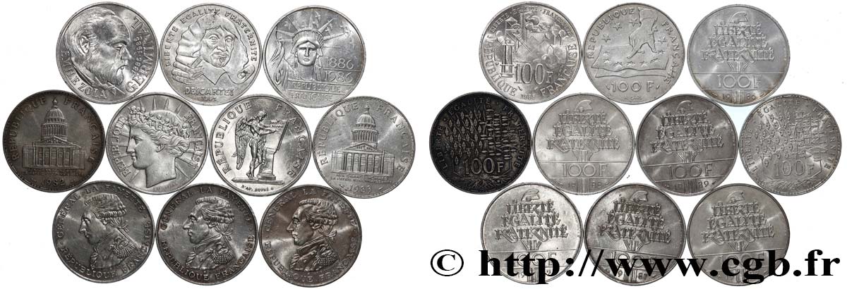 Lot de 10 pièces de 100 francs commémoratives - - F.-/ TTB 