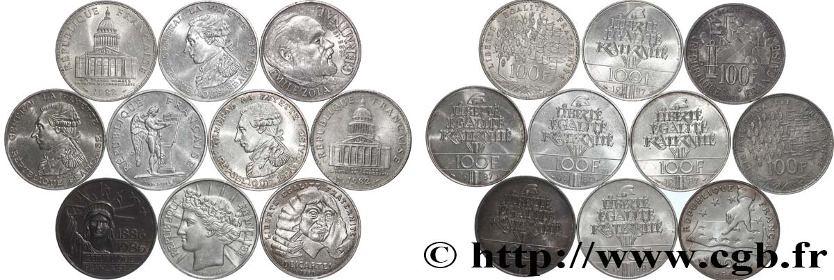 Lot de 10 pièces de 100 francs commémoratives - - F.-/ TTB 