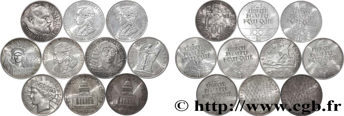 Lot de 10 pièces de 100 francs commémoratives - - F.-/ TTB 