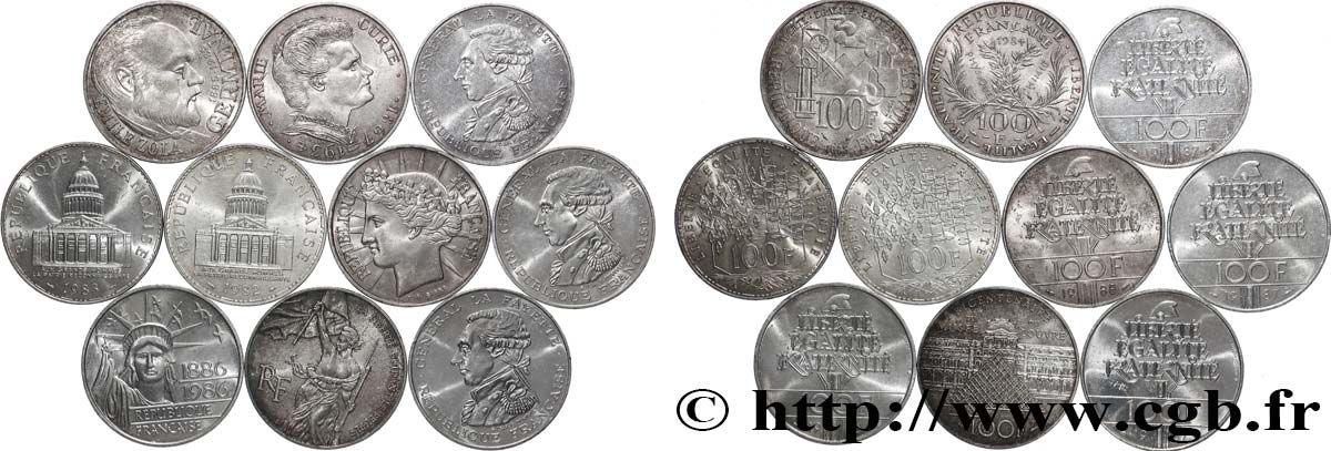 Lot de 10 pièces de 100 francs commémoratives - - F.-/ TTB 