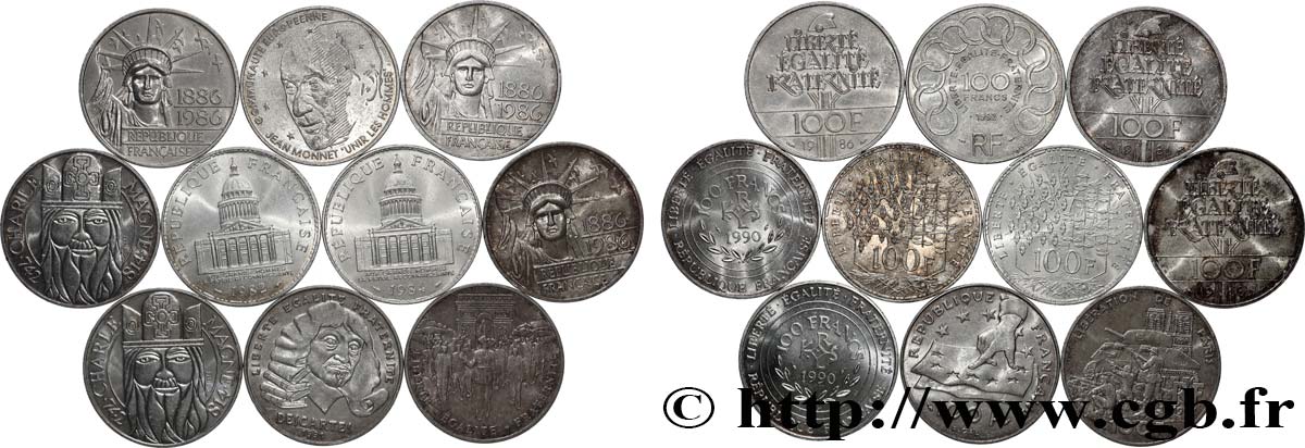 Lot de 10 pièces de 100 francs commémoratives - - F.-/ TTB 