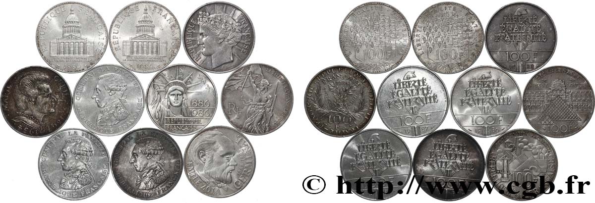 Lot de 10 pièces de 100 francs commémoratives - - F.-/ TTB 