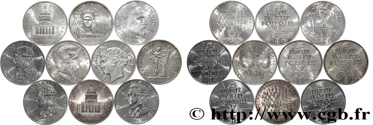 Lot de 10 pièces de 100 francs commémoratives - - F.-/ SS 
