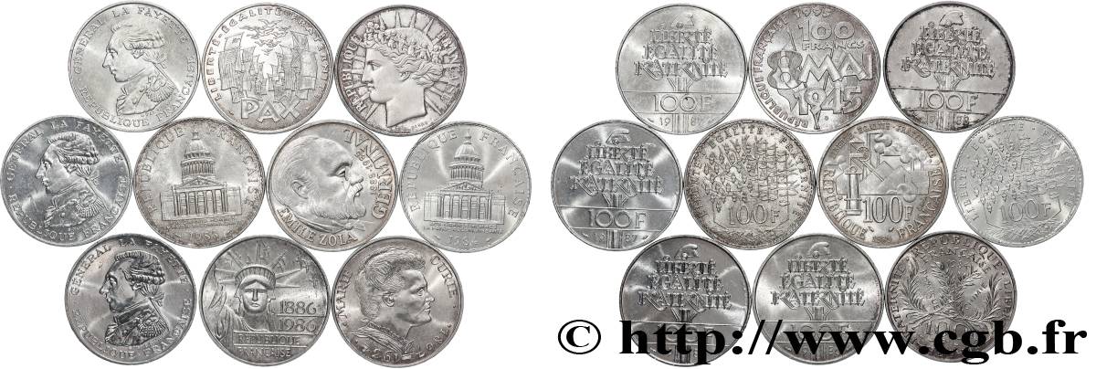 Lot de 10 pièces de 100 francs commémoratives - - F.-/ TTB 