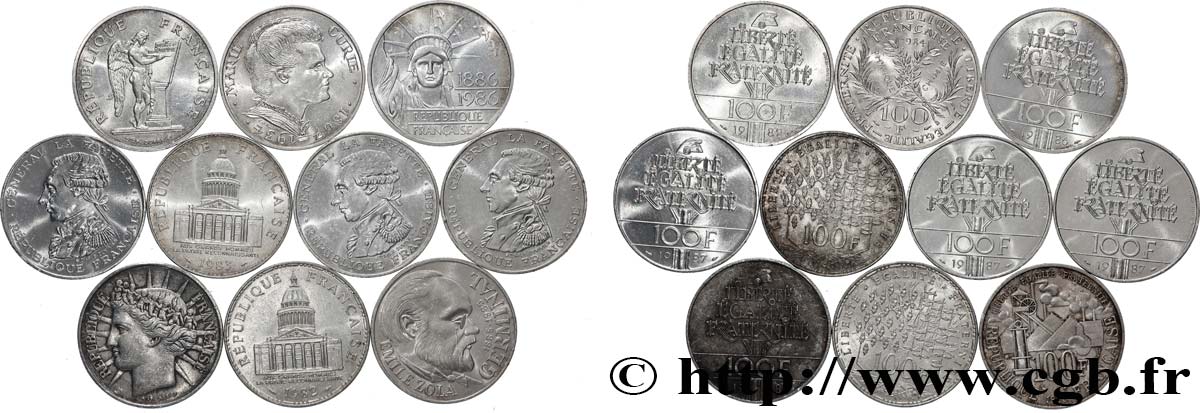 Lot de 10 pièces de 100 francs commémoratives - - F.-/ XF 